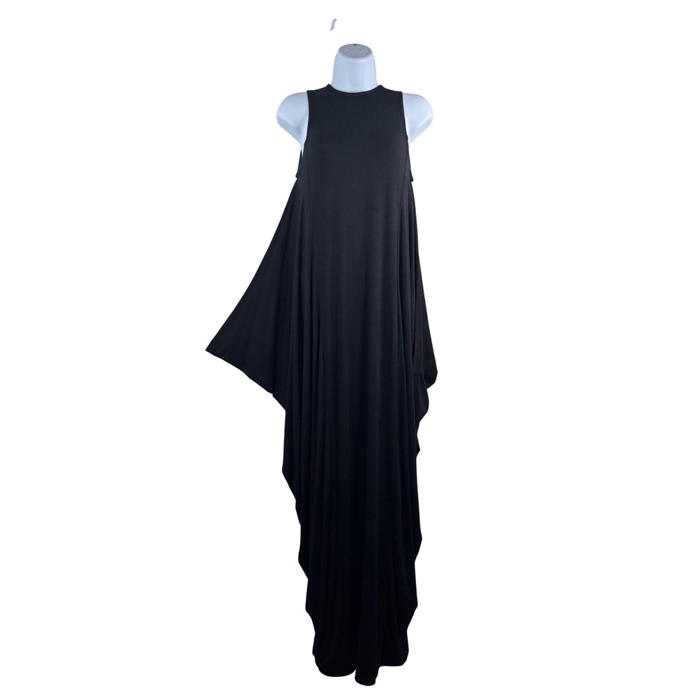 Locker Room Maxi Dress sz S Black Asymmetrical Draped Sleeveless lagen look